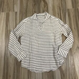 Baird McNutt Large Pullover Long Sleeve‎ White Blue Linen Stripes Coastal Preppy